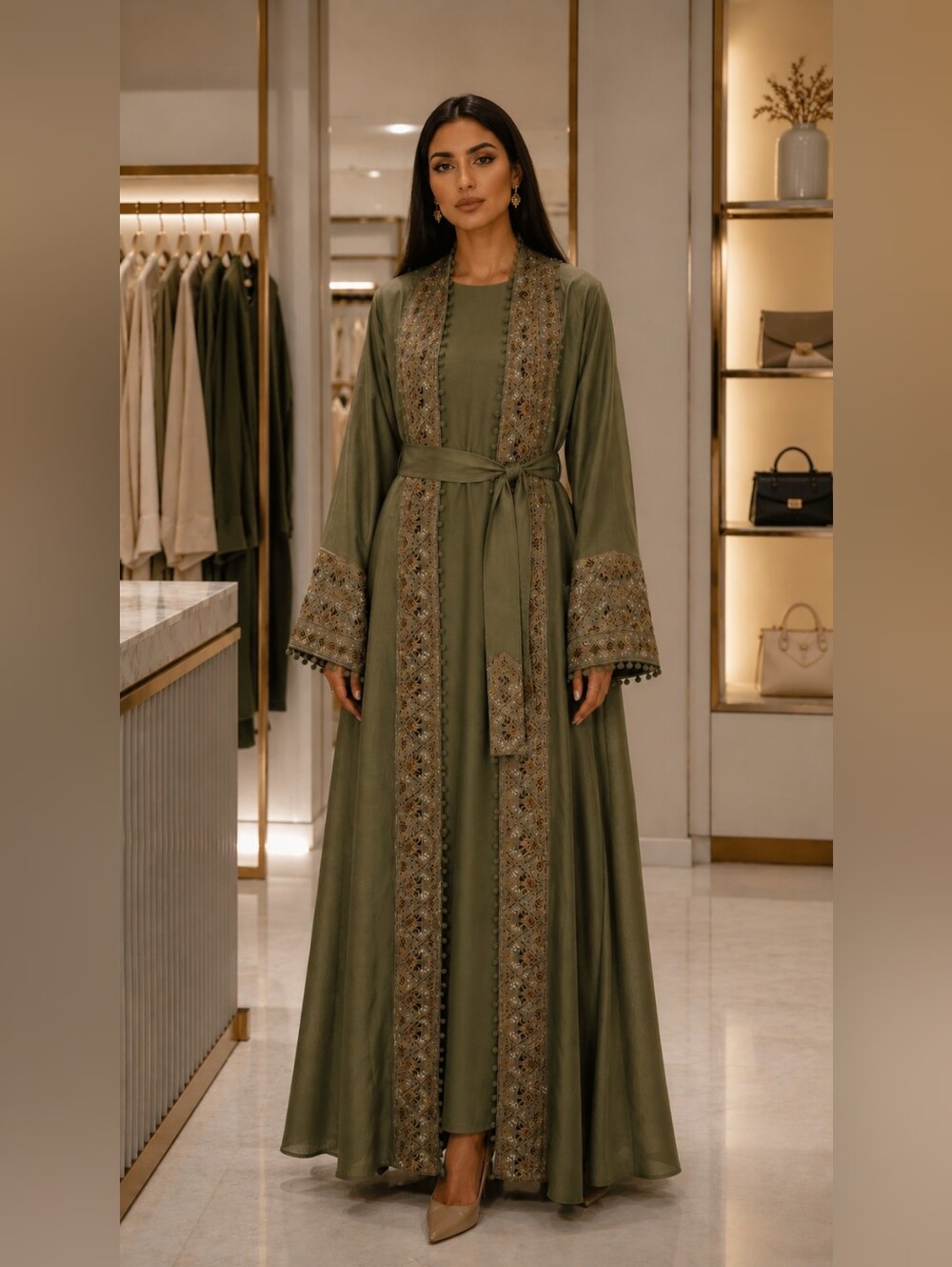 Olive Embroidered Long Sleeve Women’s Abaya Dress by